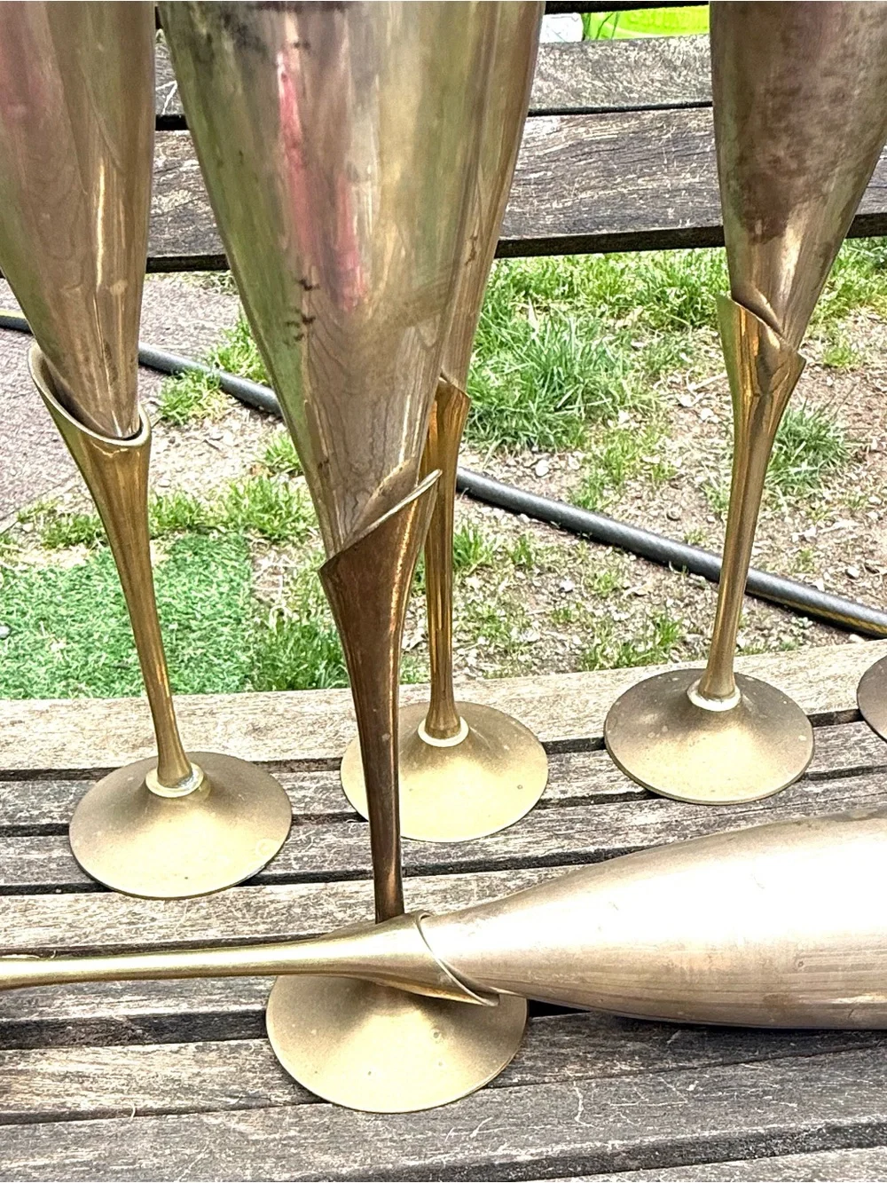 Vintage Six Solid Long Stem Tulip Silver Plate & Brass Champagne Flutes, India